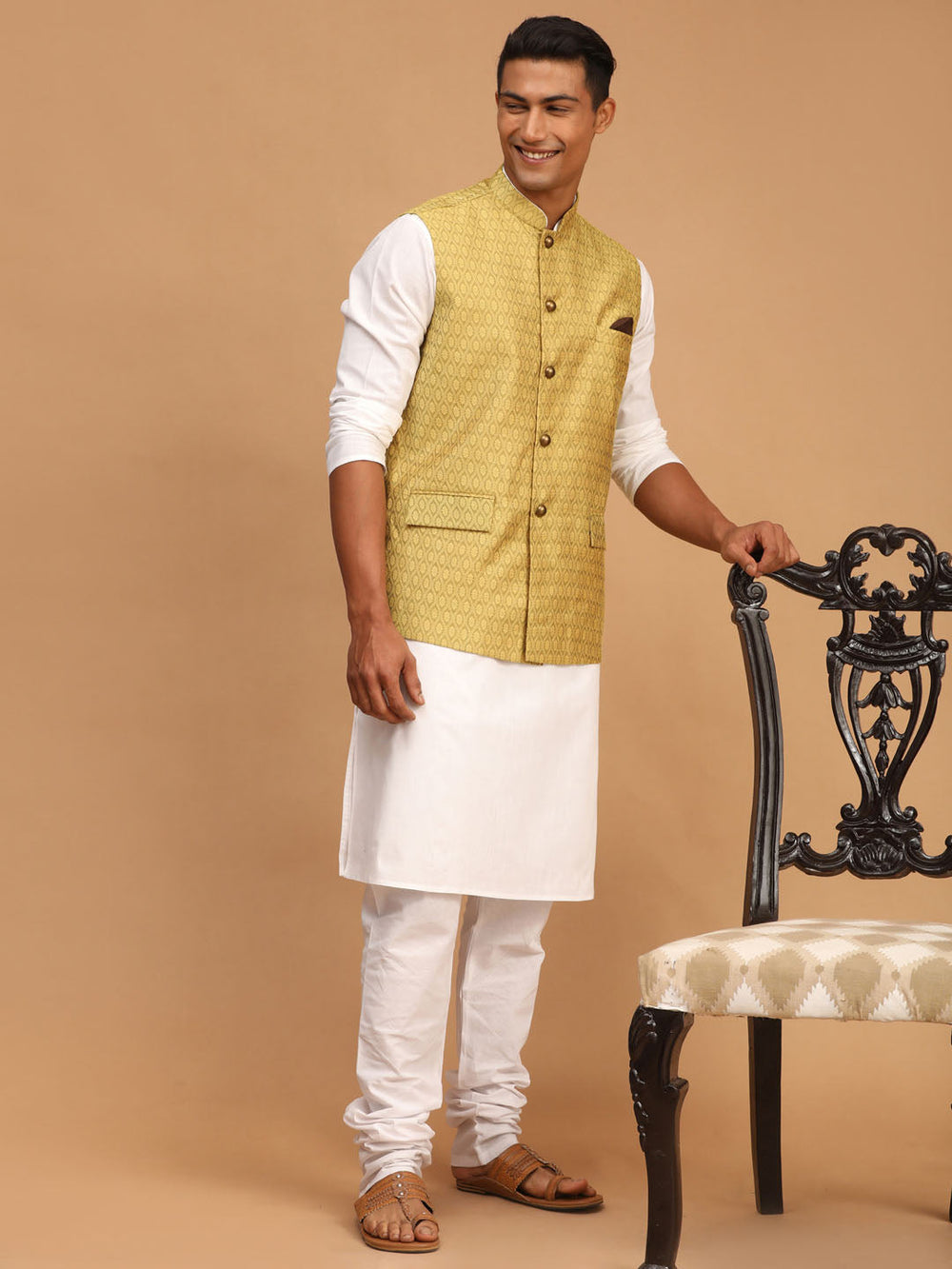 Sarvati Men's Yellow Jacquard Nehru Jacket with Kurta Pyjama Set