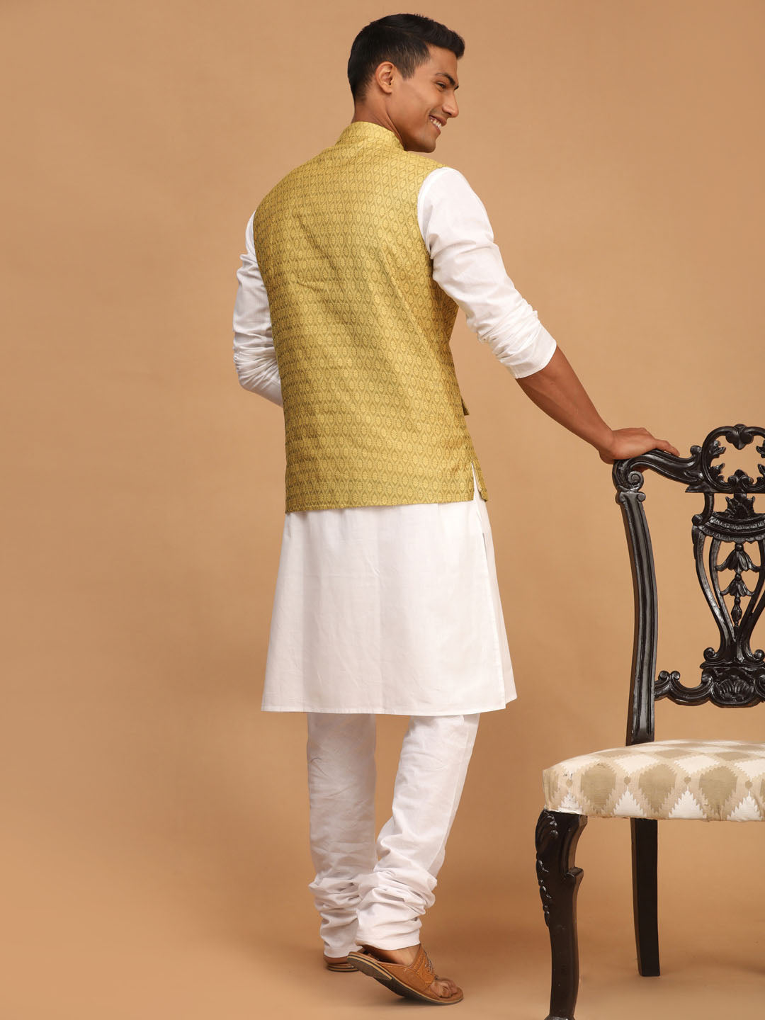 Sarvati Men's Yellow Jacquard Nehru Jacket with Kurta Pyjama Set