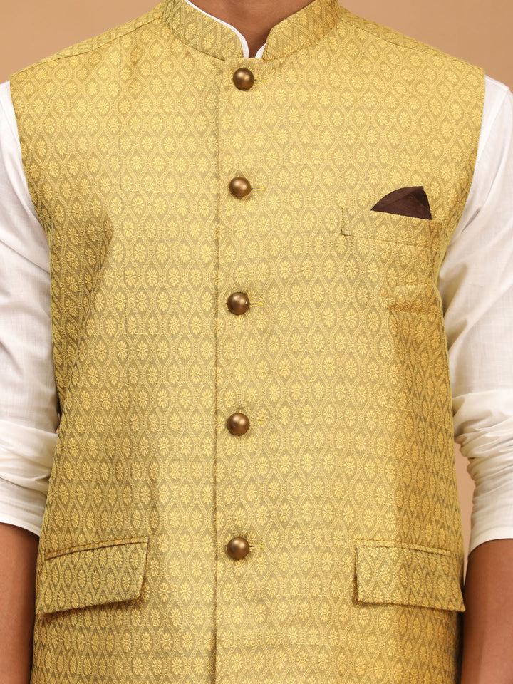 Sarvati Men's Yellow Jacquard Nehru Jacket with Kurta Pyjama Set