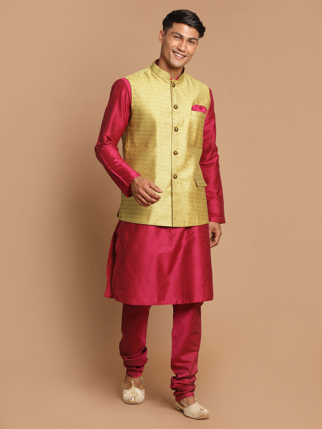 Sarvati Men's Yellow Jacquard Nehru Jacket with Kurta Pyjama Set