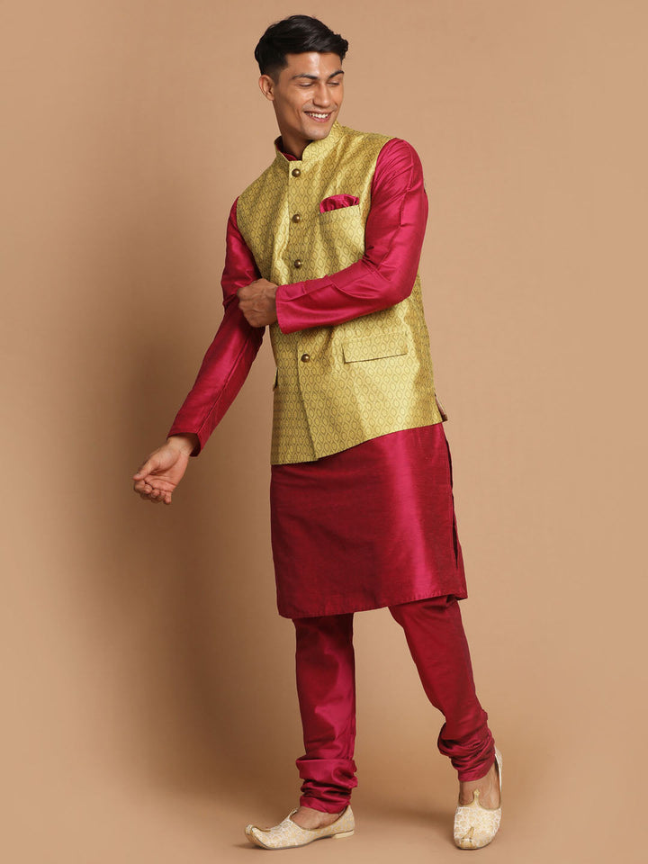 Sarvati Men's Yellow Jacquard Nehru Jacket with Kurta Pyjama Set