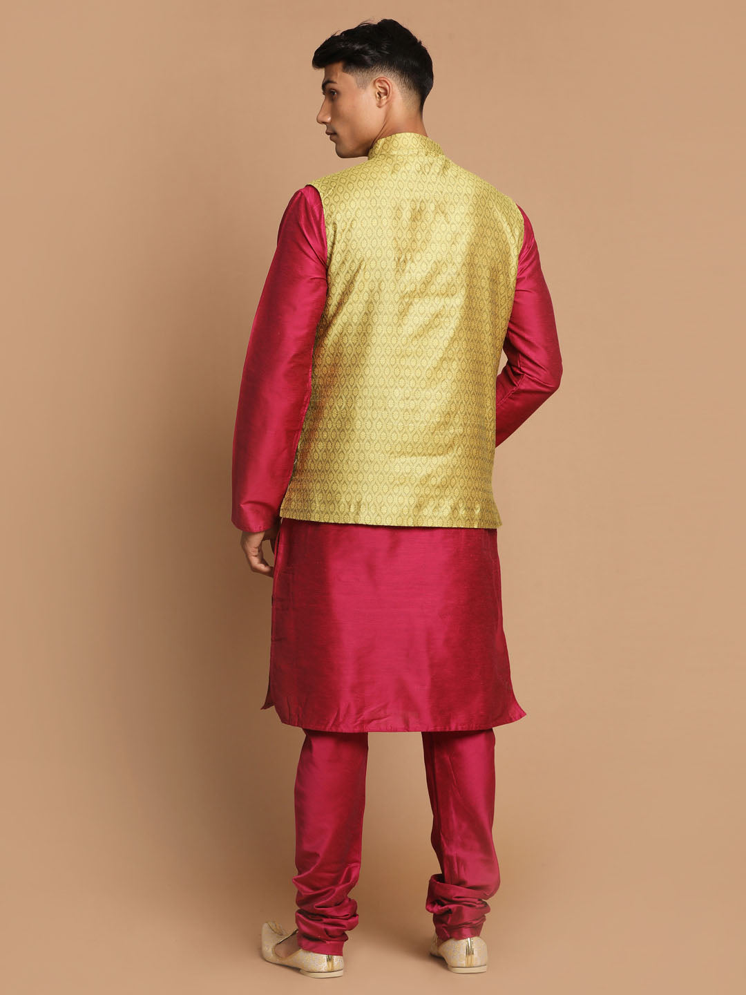 Sarvati Men's Yellow Jacquard Nehru Jacket with Kurta Pyjama Set