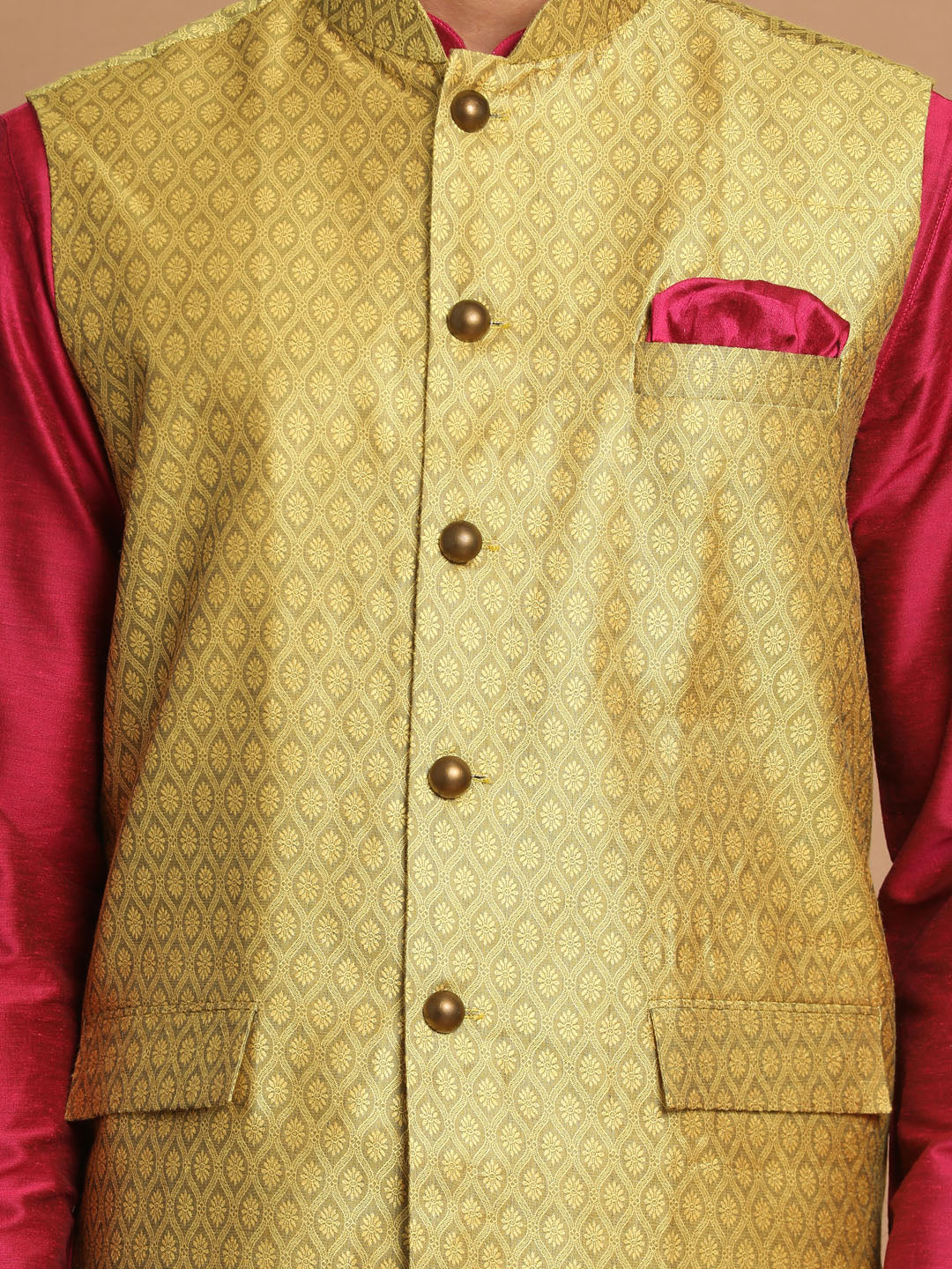 Sarvati Men's Yellow Jacquard Nehru Jacket with Kurta Pyjama Set