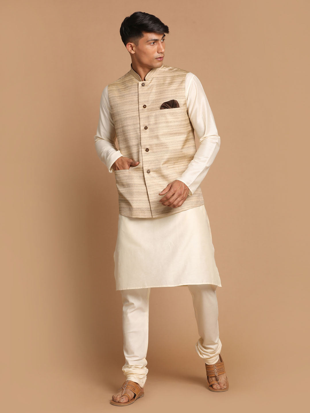 Sarvati Men's Beige Textured Slim-Fit Nehru Jacket With Cream Colored Kurta Pajama Set