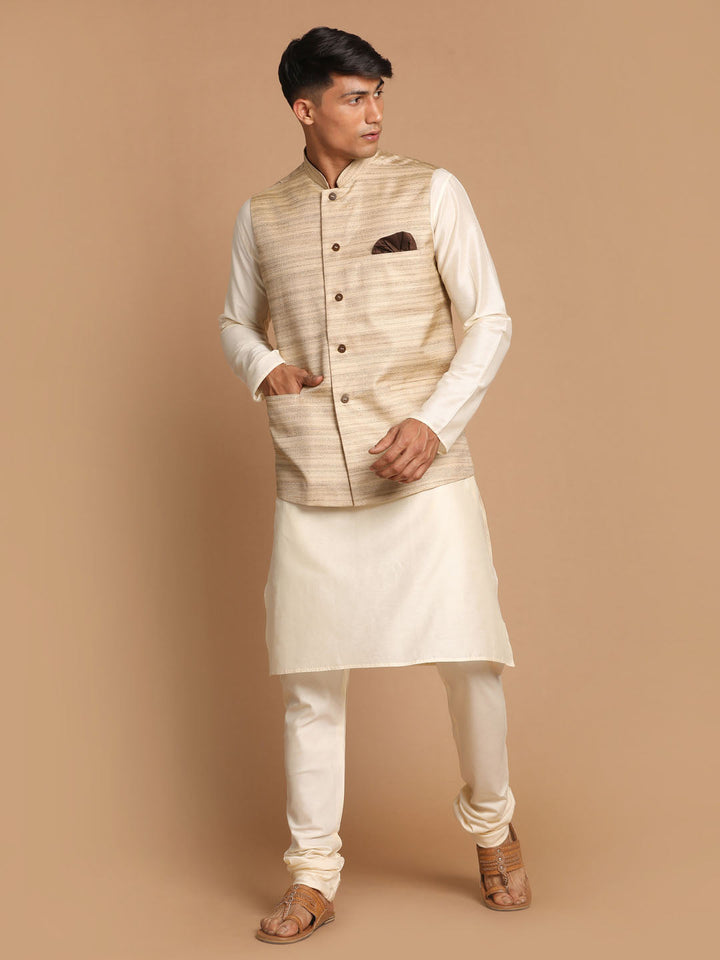 Sarvati Men's Beige Textured Slim-Fit Nehru Jacket With Cream Colored Kurta Pajama Set