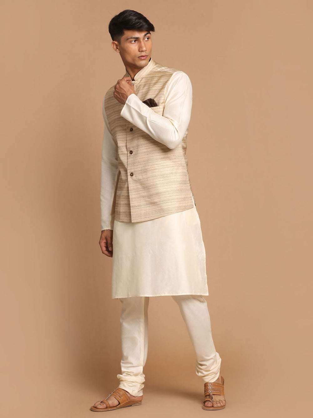 Sarvati Men's Beige Textured Slim-Fit Nehru Jacket With Cream Colored Kurta Pajama Set