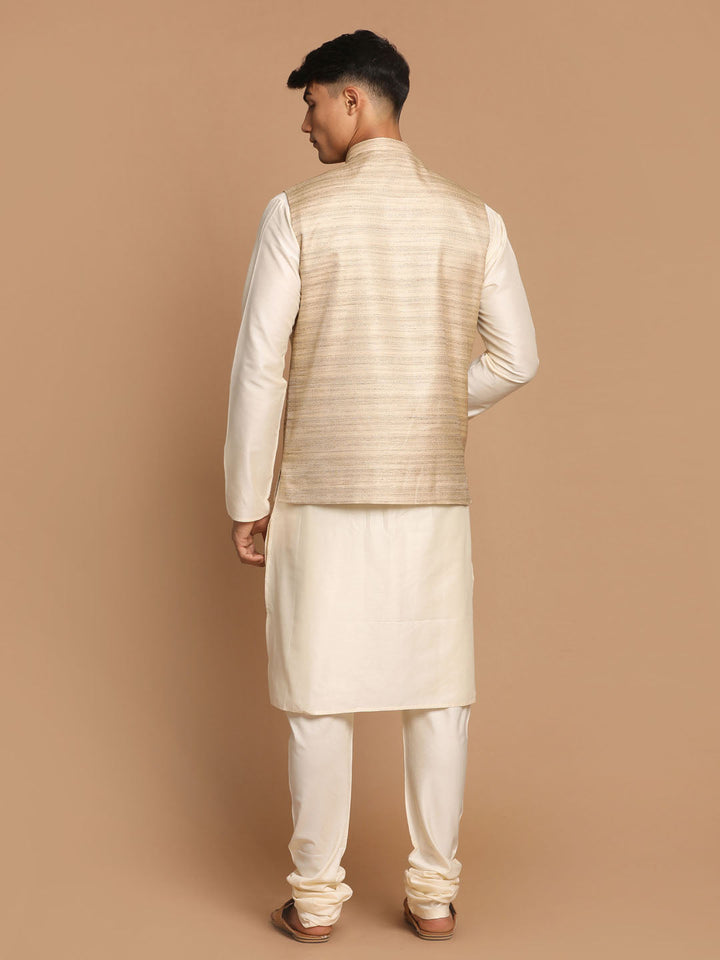 Sarvati Men's Beige Textured Slim-Fit Nehru Jacket With Cream Colored Kurta Pajama Set