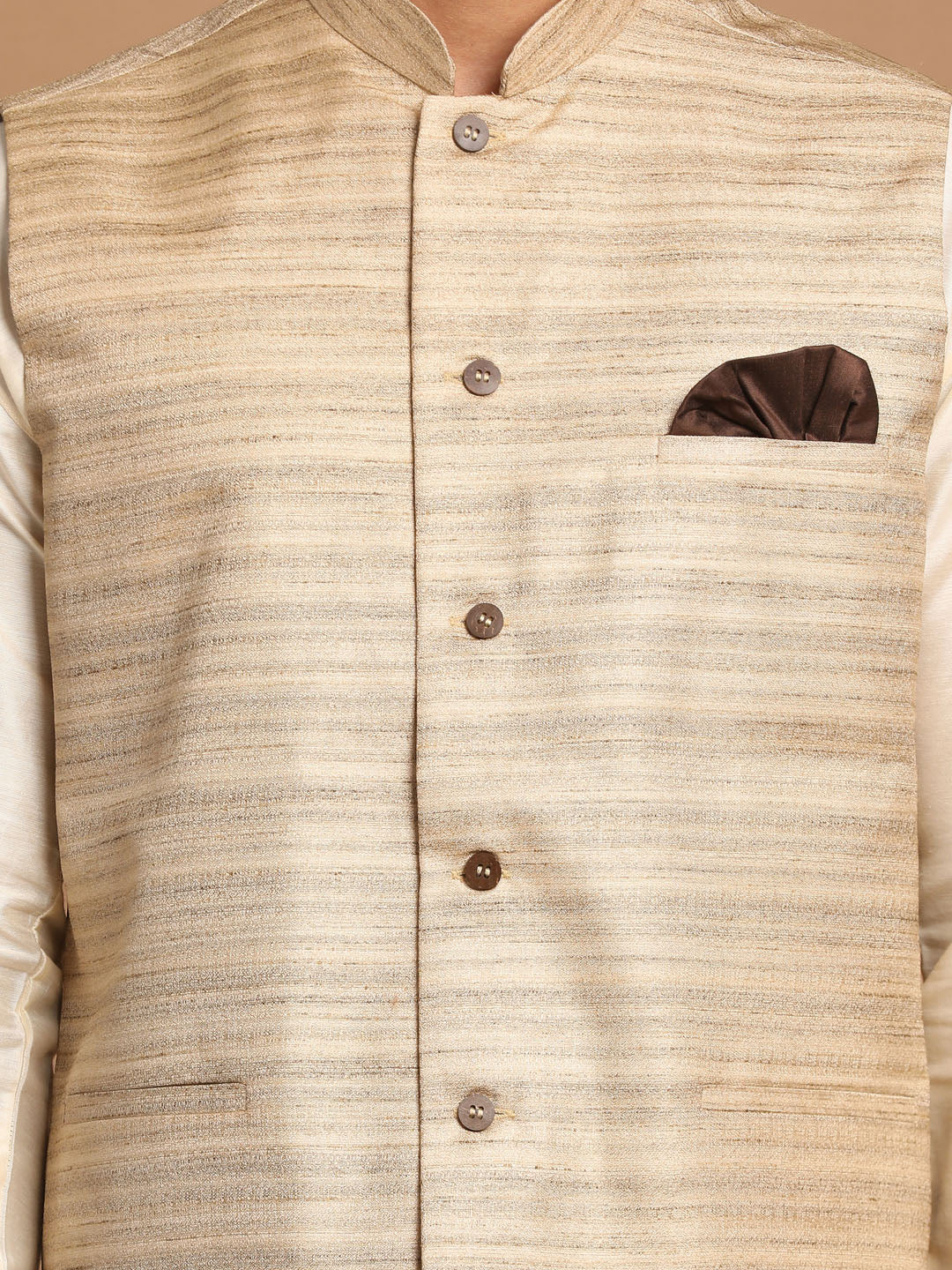 Sarvati Men's Beige Textured Slim-Fit Nehru Jacket With Cream Colored Kurta Pajama Set