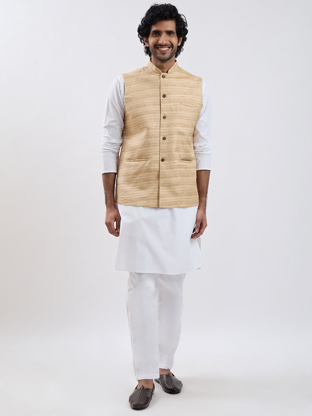 Men's Beige And White Cotton Blend Jacket, Kurta And Pyjama Set