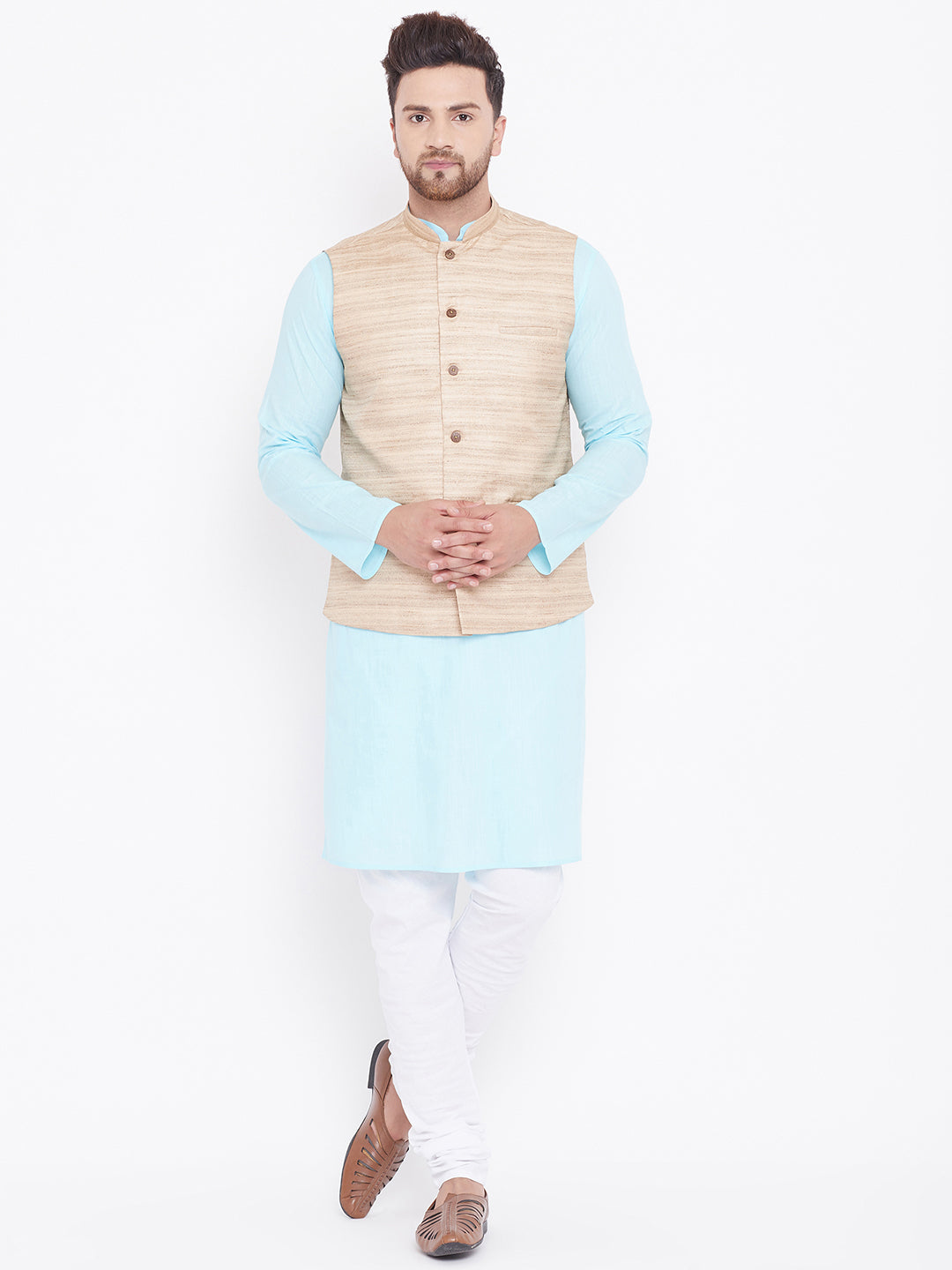 Sarvati Men's Beige, Aqua And White Cotton Blend Jacket, Kurta and Pyjama Set