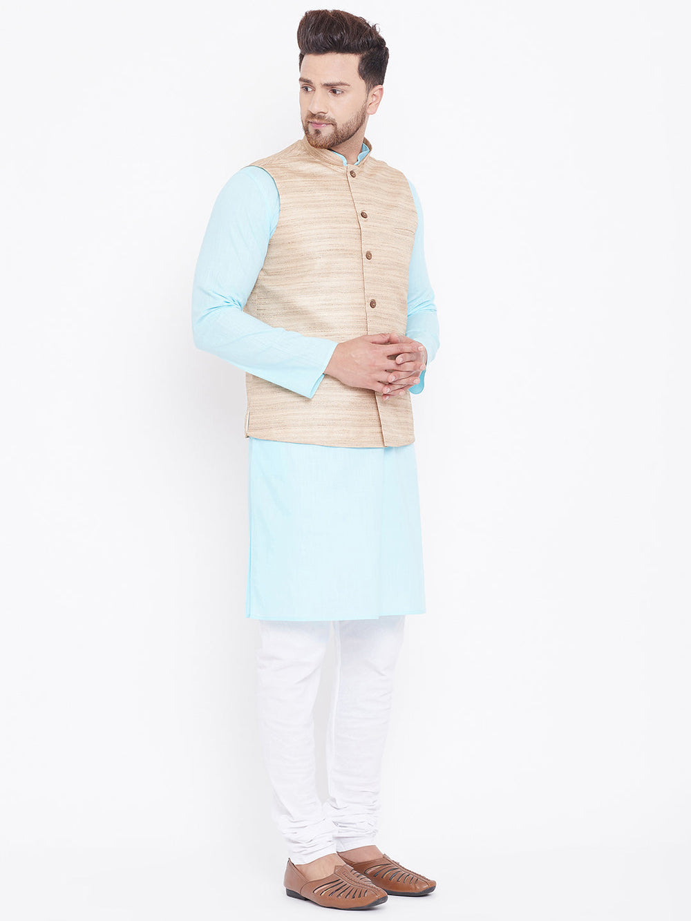 Sarvati Men's Beige, Aqua And White Cotton Blend Jacket, Kurta and Pyjama Set