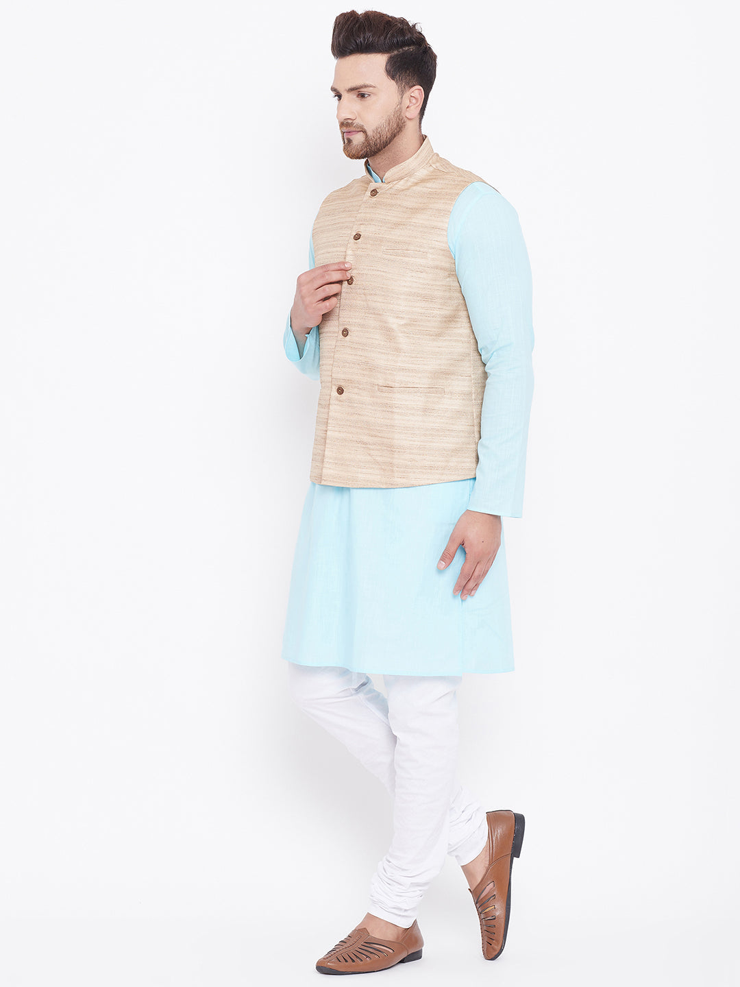 Sarvati Men's Beige, Aqua And White Cotton Blend Jacket, Kurta and Pyjama Set