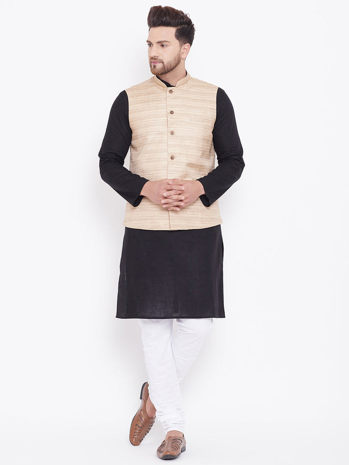 Sarvati Men's Beige, Black And White Cotton Blend Jacket, Kurta and Pyjama Set