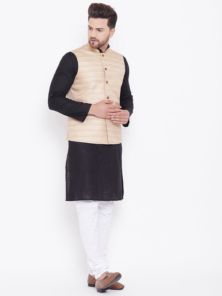 Sarvati Men's Beige, Black And White Cotton Blend Jacket, Kurta and Pyjama Set