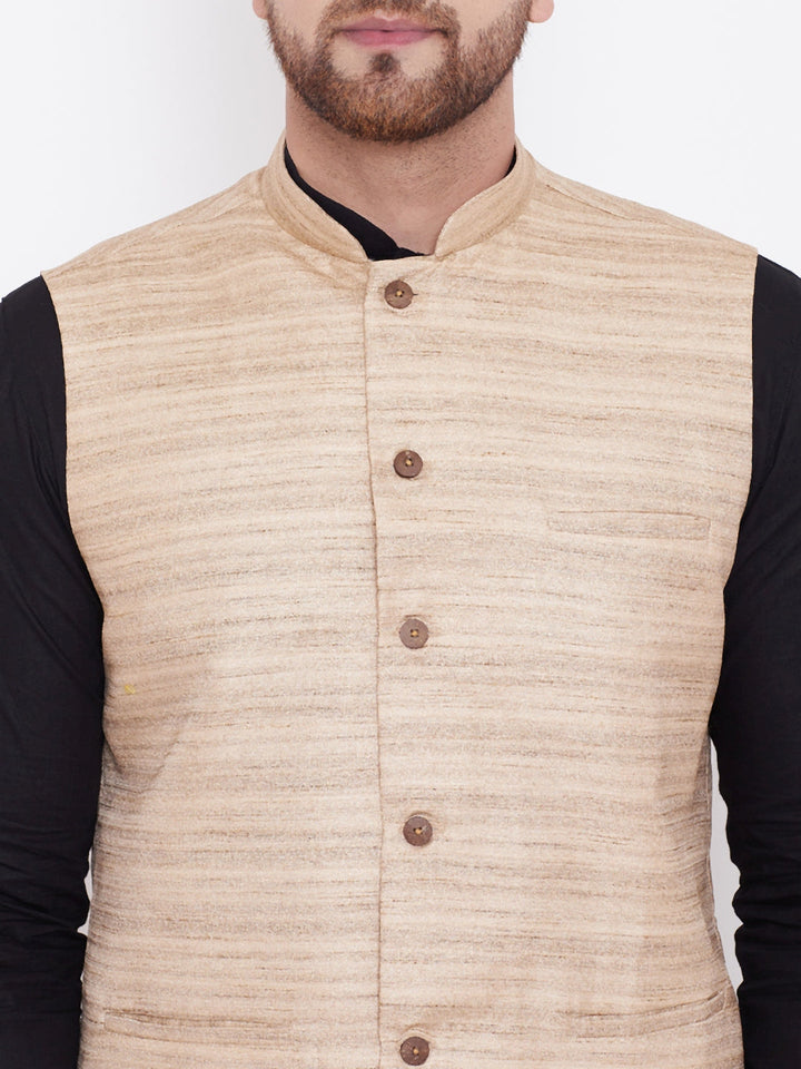 Sarvati Men's Beige, Black And White Cotton Blend Jacket, Kurta and Pyjama Set