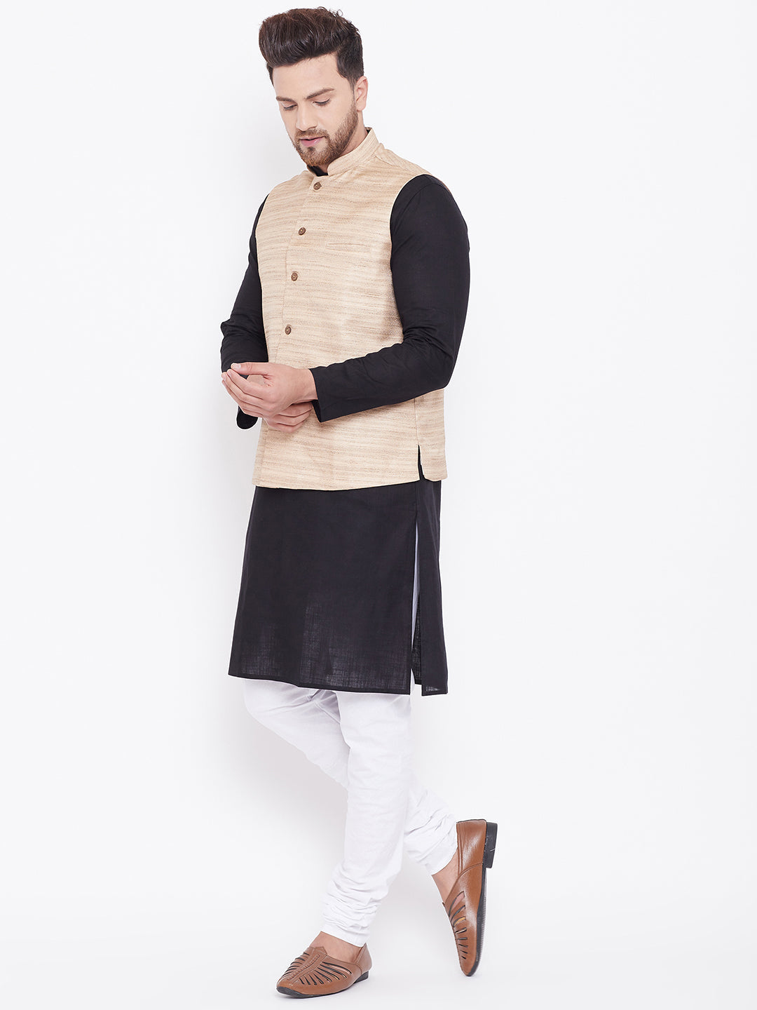 Sarvati Men's Beige, Black And White Cotton Blend Jacket, Kurta and Pyjama Set