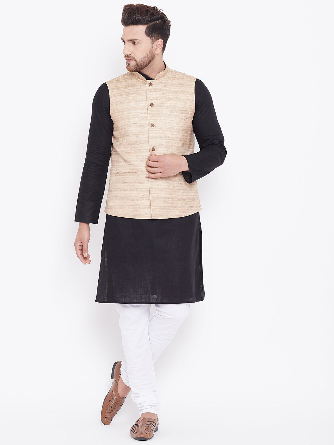 Sarvati Men's Beige, Black And White Cotton Blend Jacket, Kurta and Pyjama Set