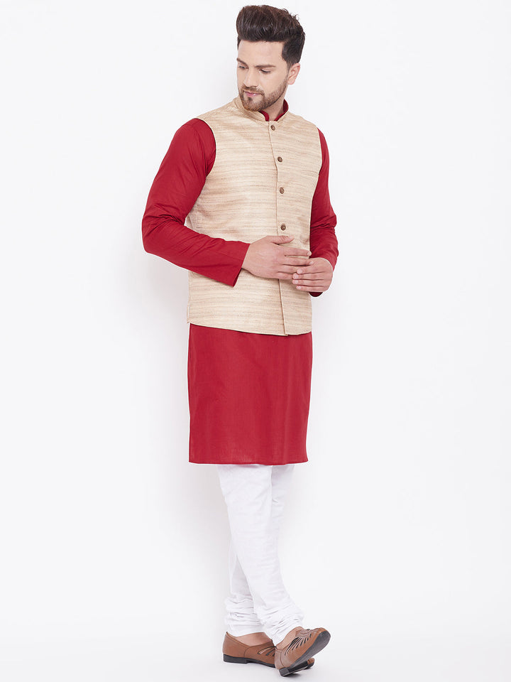 Sarvati Men's Beige, Maroon And White Cotton Blend Jacket, Kurta and Pyjama Set