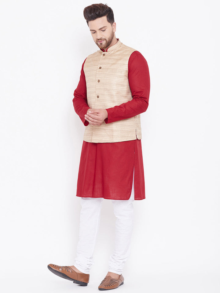 Sarvati Men's Beige, Maroon And White Cotton Blend Jacket, Kurta and Pyjama Set