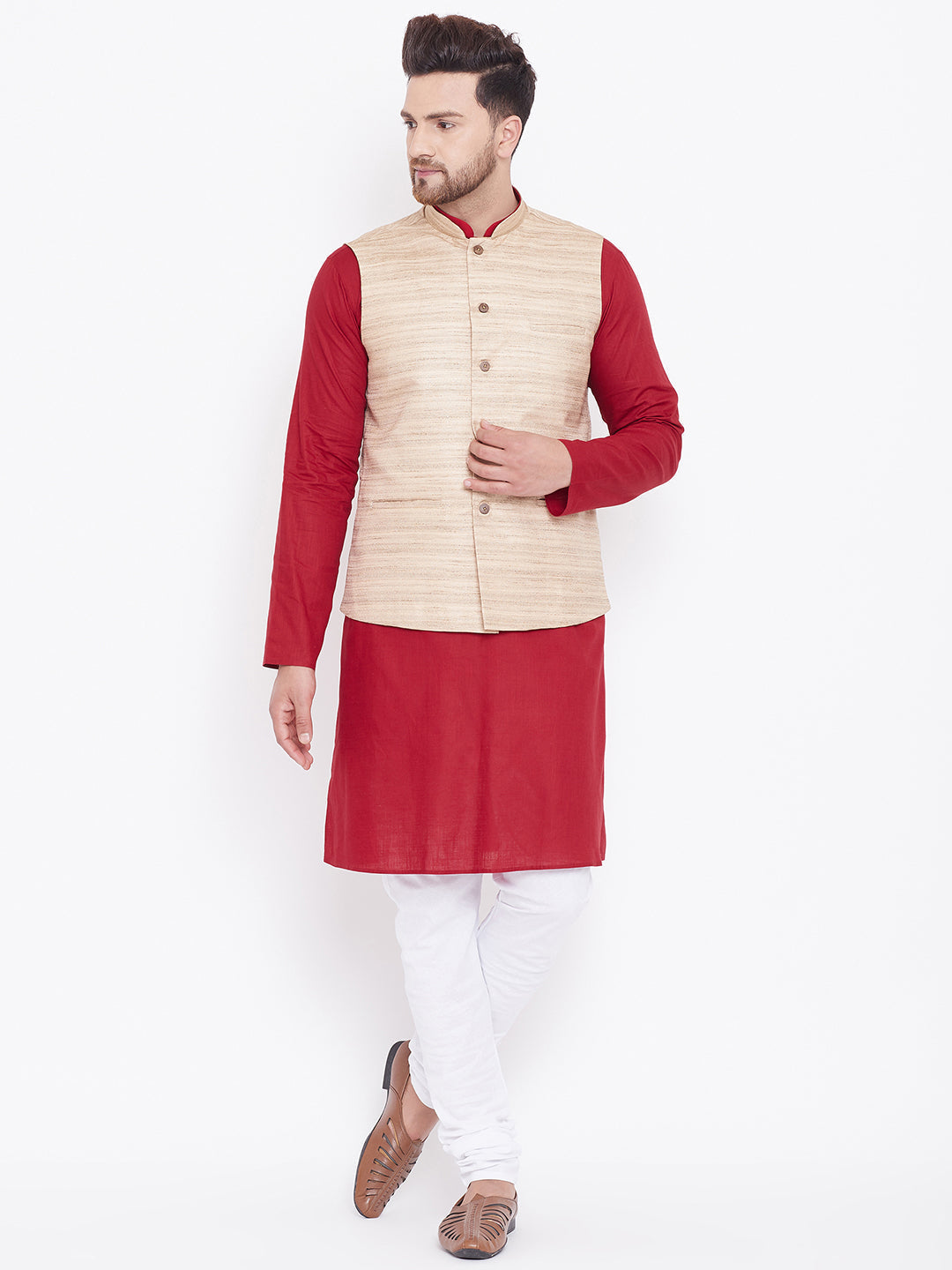 Sarvati Men's Beige, Maroon And White Cotton Blend Jacket, Kurta and Pyjama Set