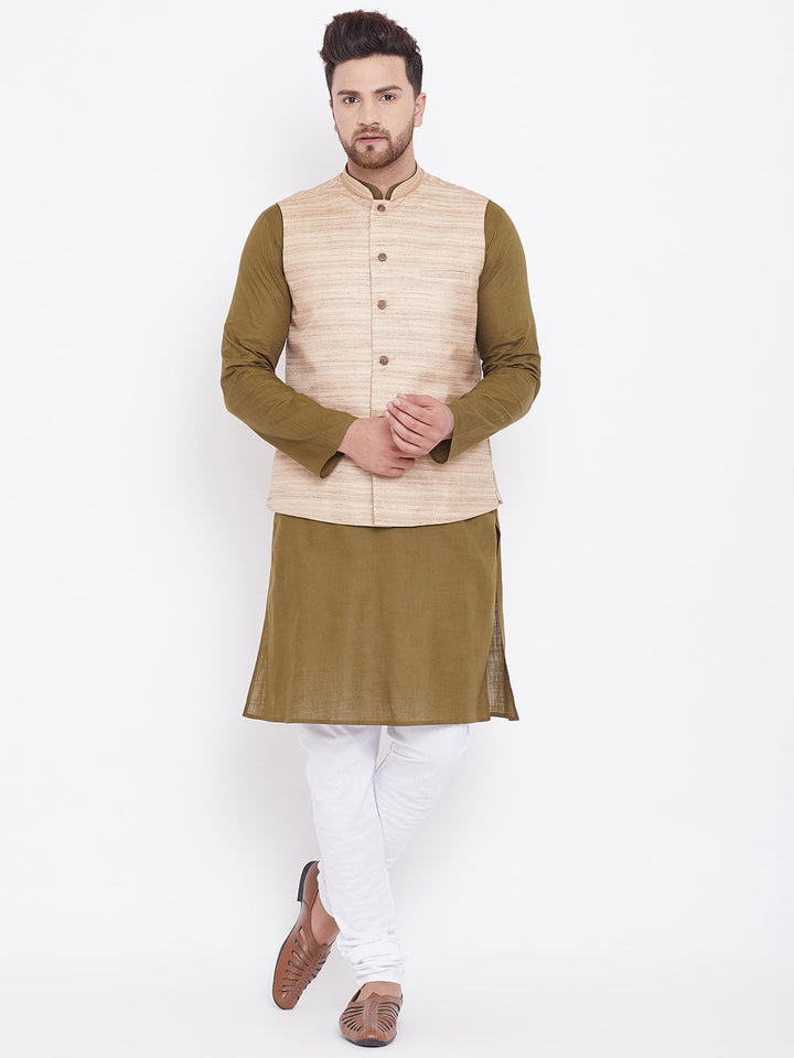 Sarvati Men's Beige, Mehendi Green And White Cotton Blend Jacket, Kurta and Pyjama Set