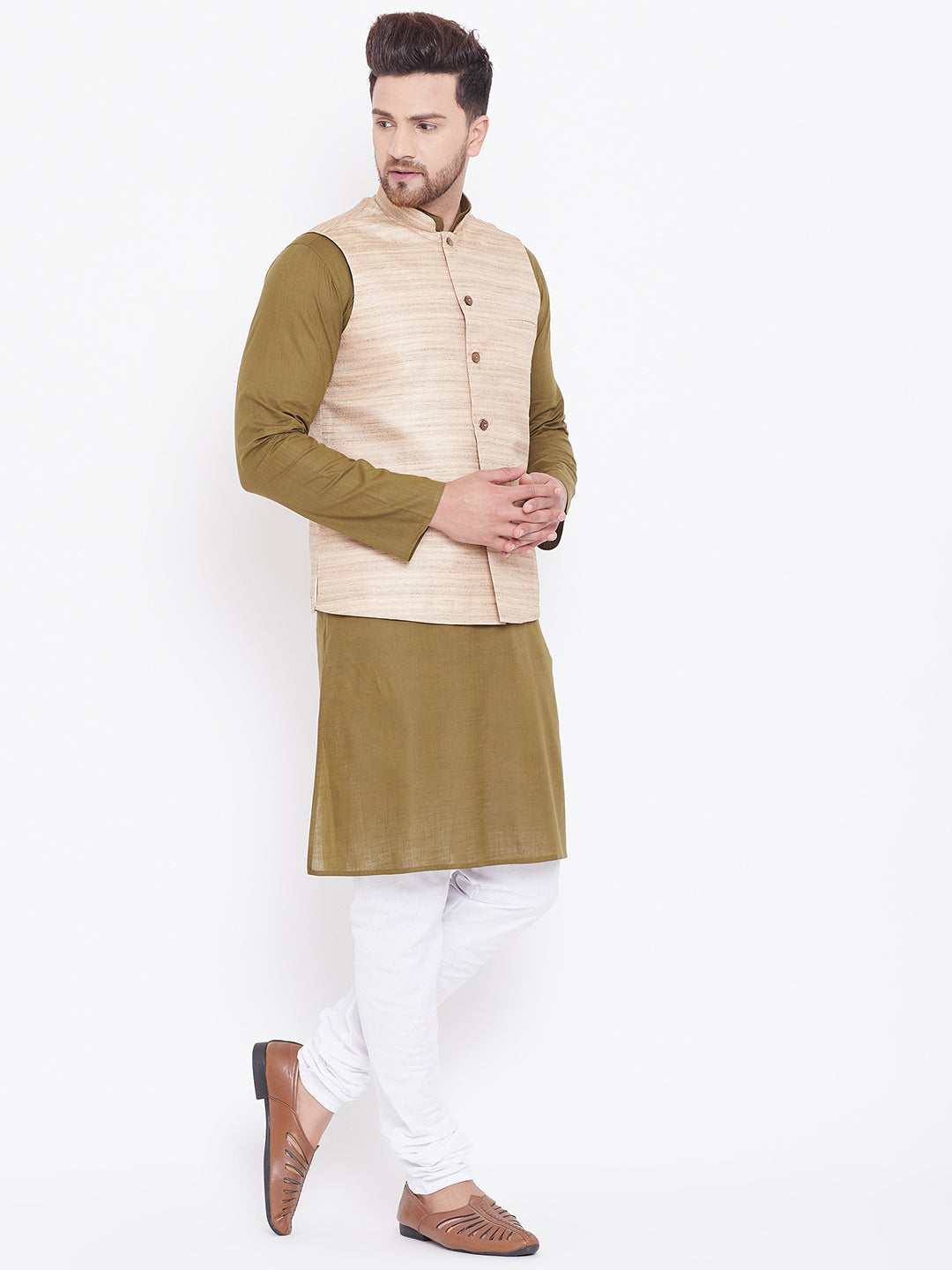 Sarvati Men's Beige, Mehendi Green And White Cotton Blend Jacket, Kurta and Pyjama Set