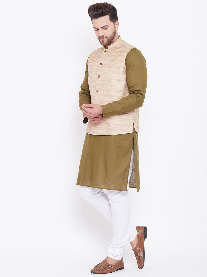 Sarvati Men's Beige, Mehendi Green And White Cotton Blend Jacket, Kurta and Pyjama Set