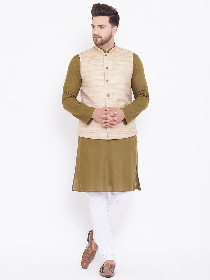 Sarvati Men's Beige, Mehendi Green And White Cotton Blend Jacket, Kurta and Pyjama Set