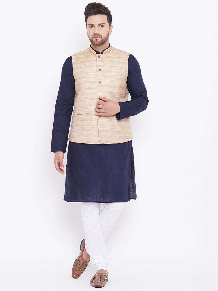 Sarvati Men's Beige, Navy Blue And White Cotton Blend Jacket, Kurta and Pyjama Set