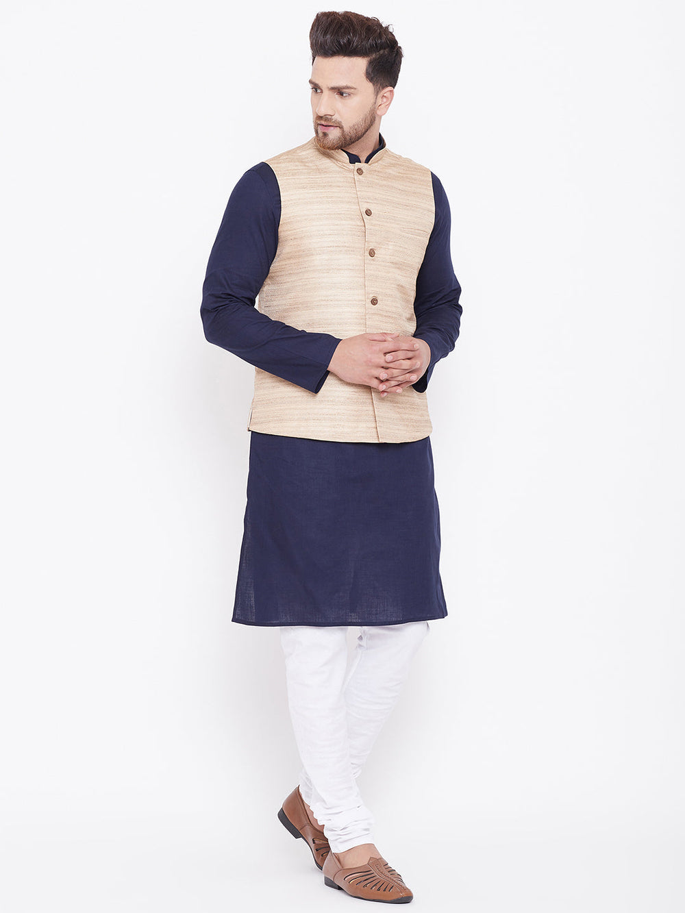 Sarvati Men's Beige, Navy Blue And White Cotton Blend Jacket, Kurta and Pyjama Set