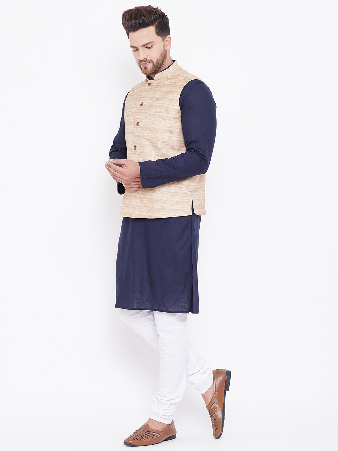 Sarvati Men's Beige, Navy Blue And White Cotton Blend Jacket, Kurta and Pyjama Set