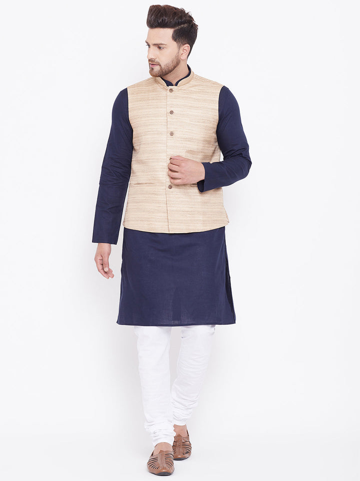 Sarvati Men's Beige, Navy Blue And White Cotton Blend Jacket, Kurta and Pyjama Set