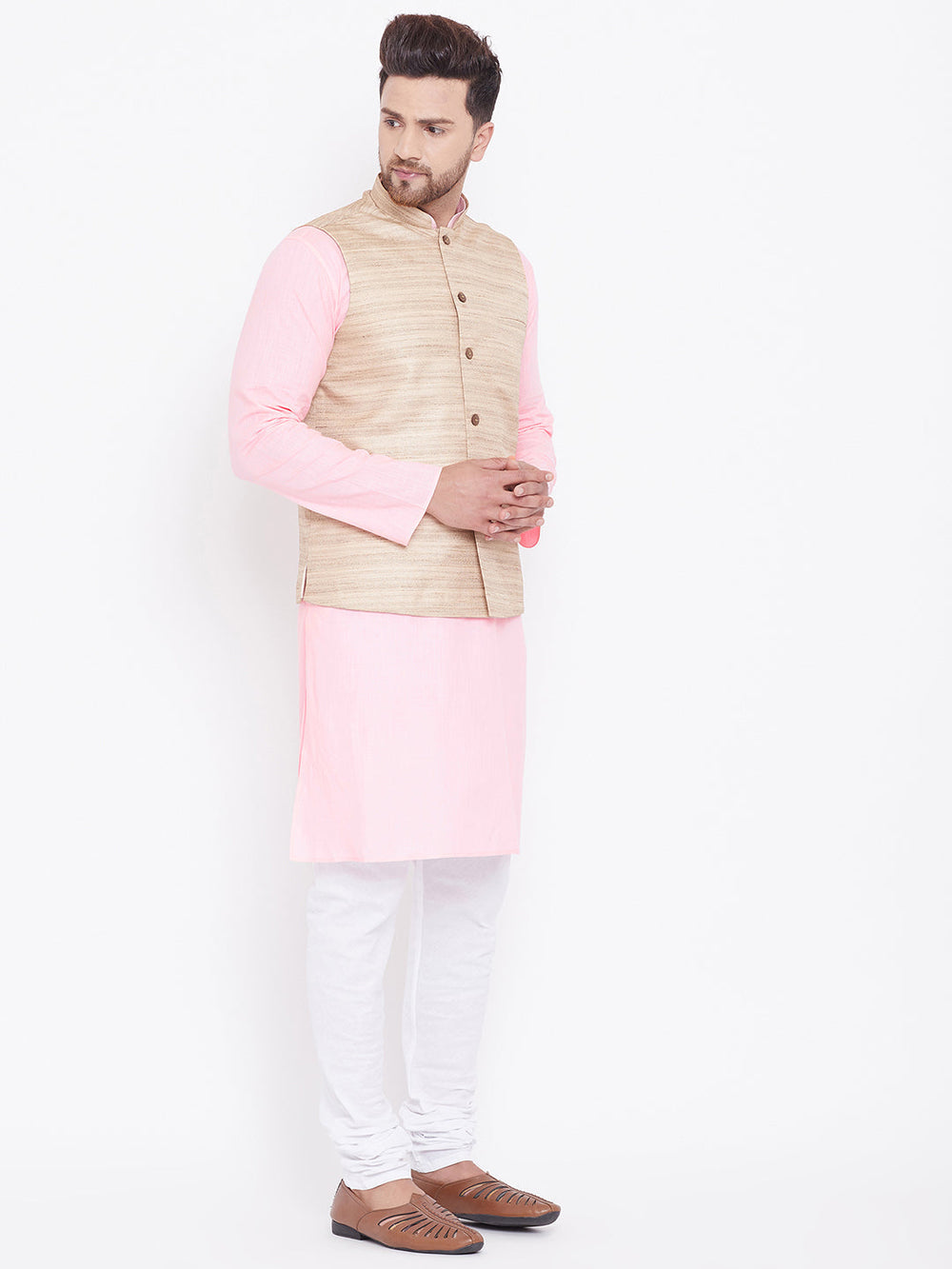 Sarvati Men's Beige, Pink And White Cotton Blend Jacket, Kurta and Pyjama Set