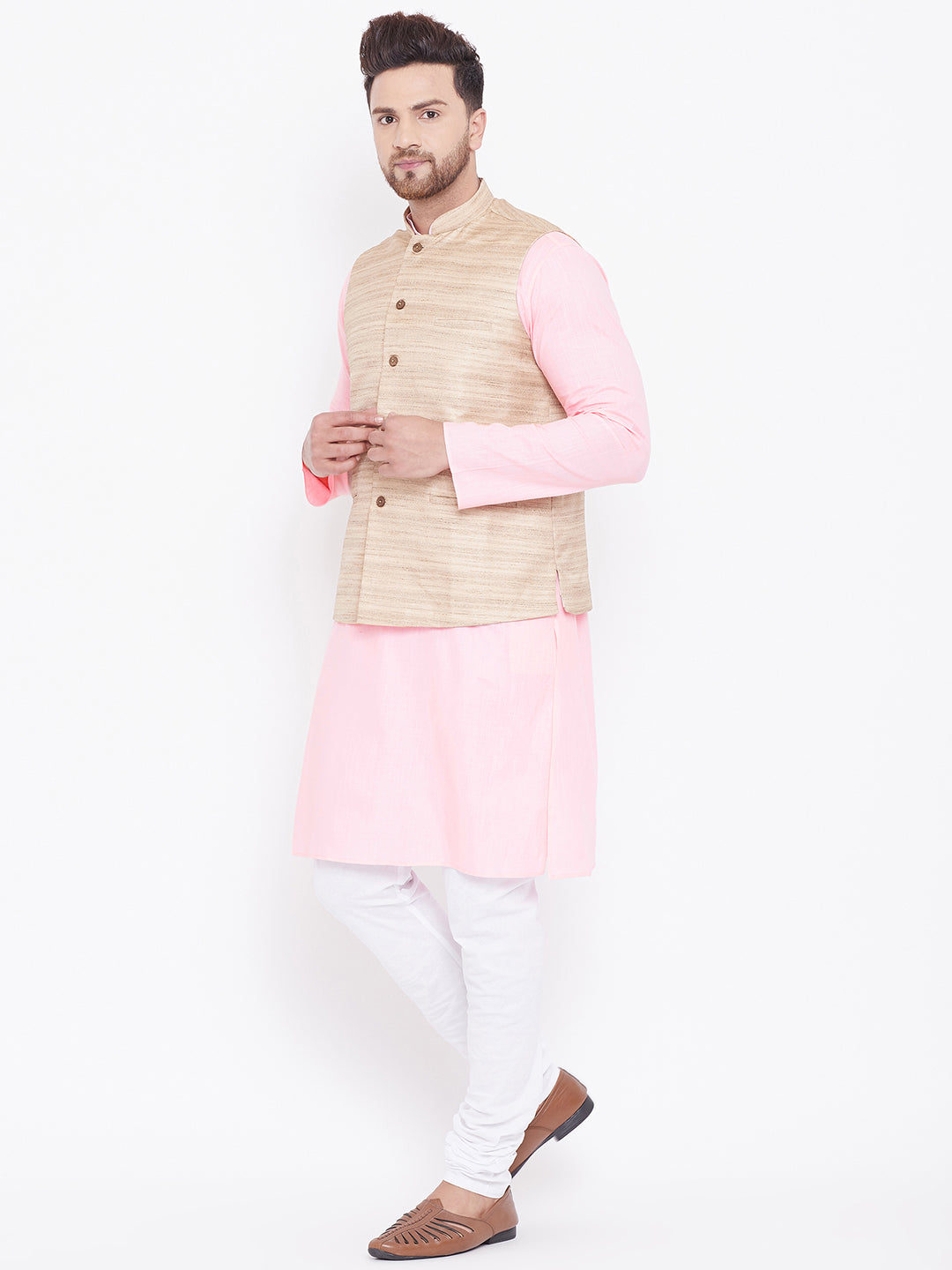 Sarvati Men's Beige, Pink And White Cotton Blend Jacket, Kurta and Pyjama Set