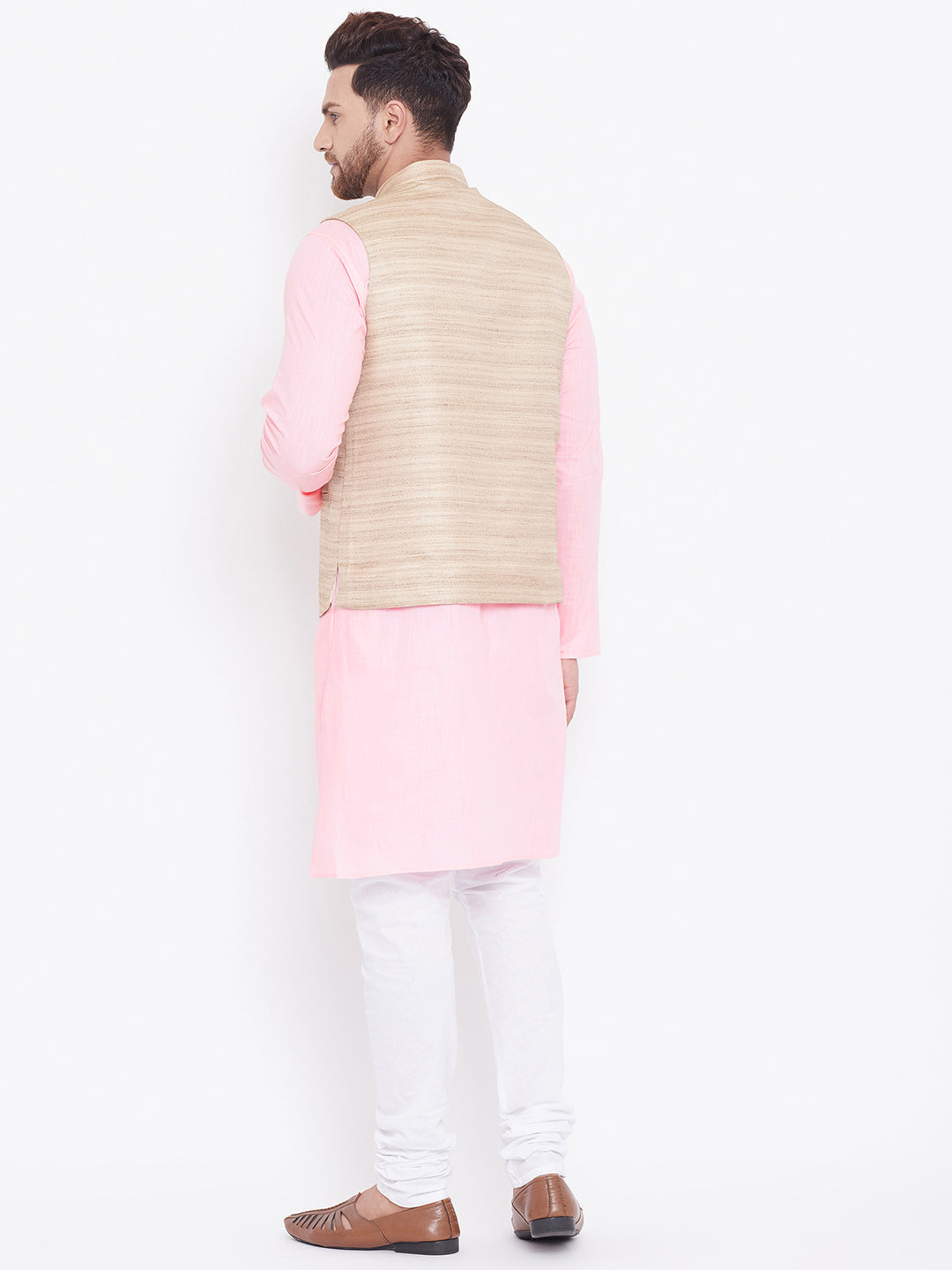 Sarvati Men's Beige, Pink And White Cotton Blend Jacket, Kurta and Pyjama Set