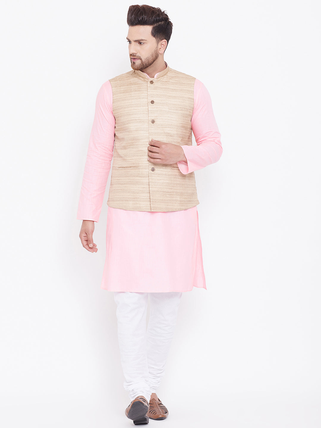 Sarvati Men's Beige, Pink And White Cotton Blend Jacket, Kurta and Pyjama Set