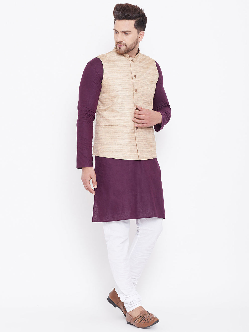 Sarvati Men's Beige, Purple And White Cotton Blend Jacket, Kurta and Pyjama Set