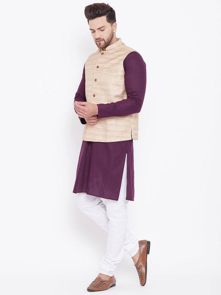 Sarvati Men's Beige, Purple And White Cotton Blend Jacket, Kurta and Pyjama Set