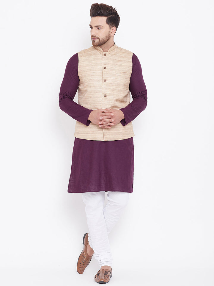 Sarvati Men's Beige, Purple And White Cotton Blend Jacket, Kurta and Pyjama Set