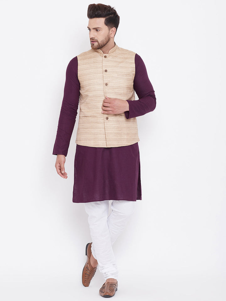 Sarvati Men's Beige, Purple And White Cotton Blend Jacket, Kurta and Pyjama Set