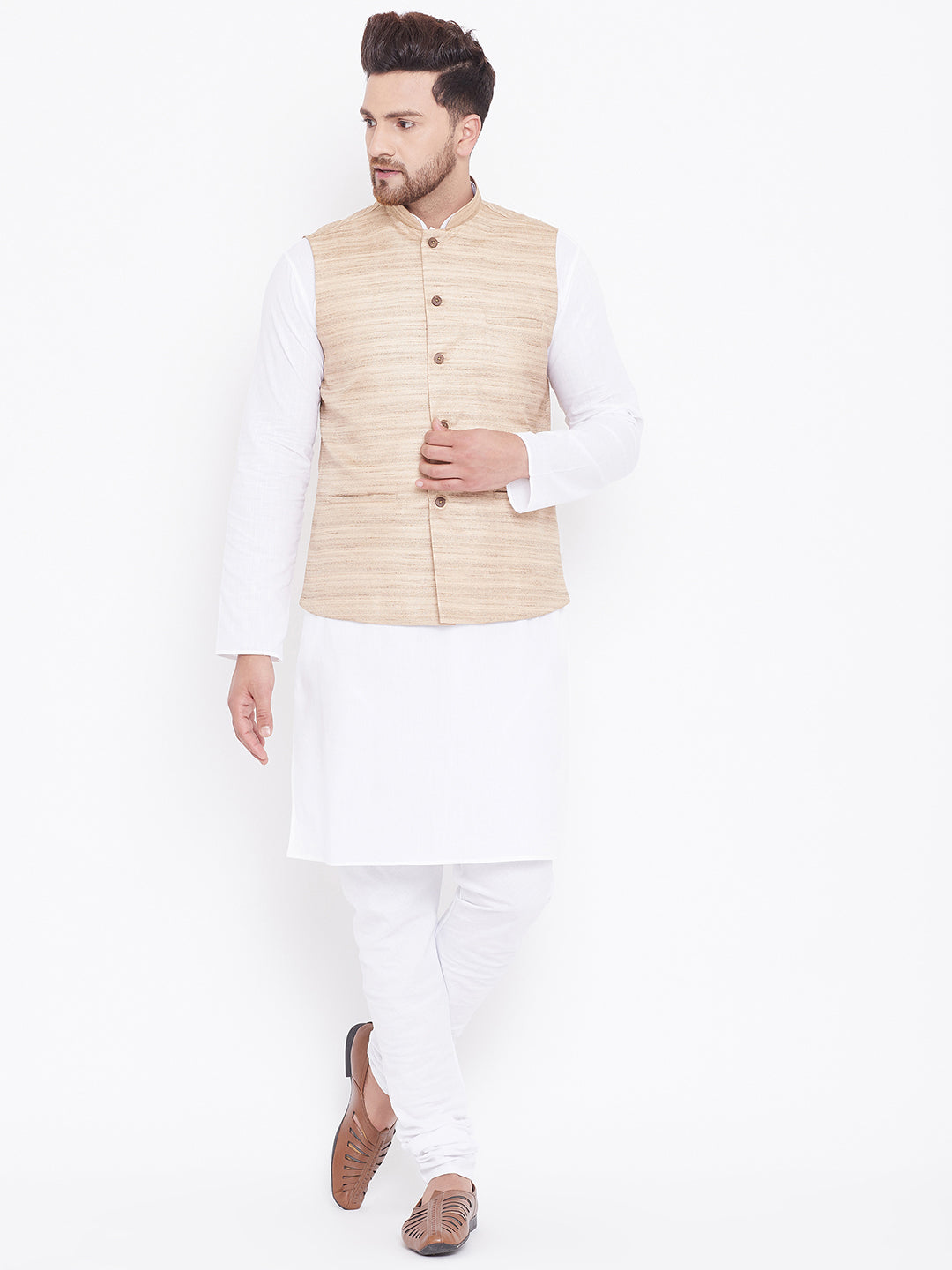 Sarvati Men's Beige And White Cotton Blend Jacket, Kurta and Pyjama Set