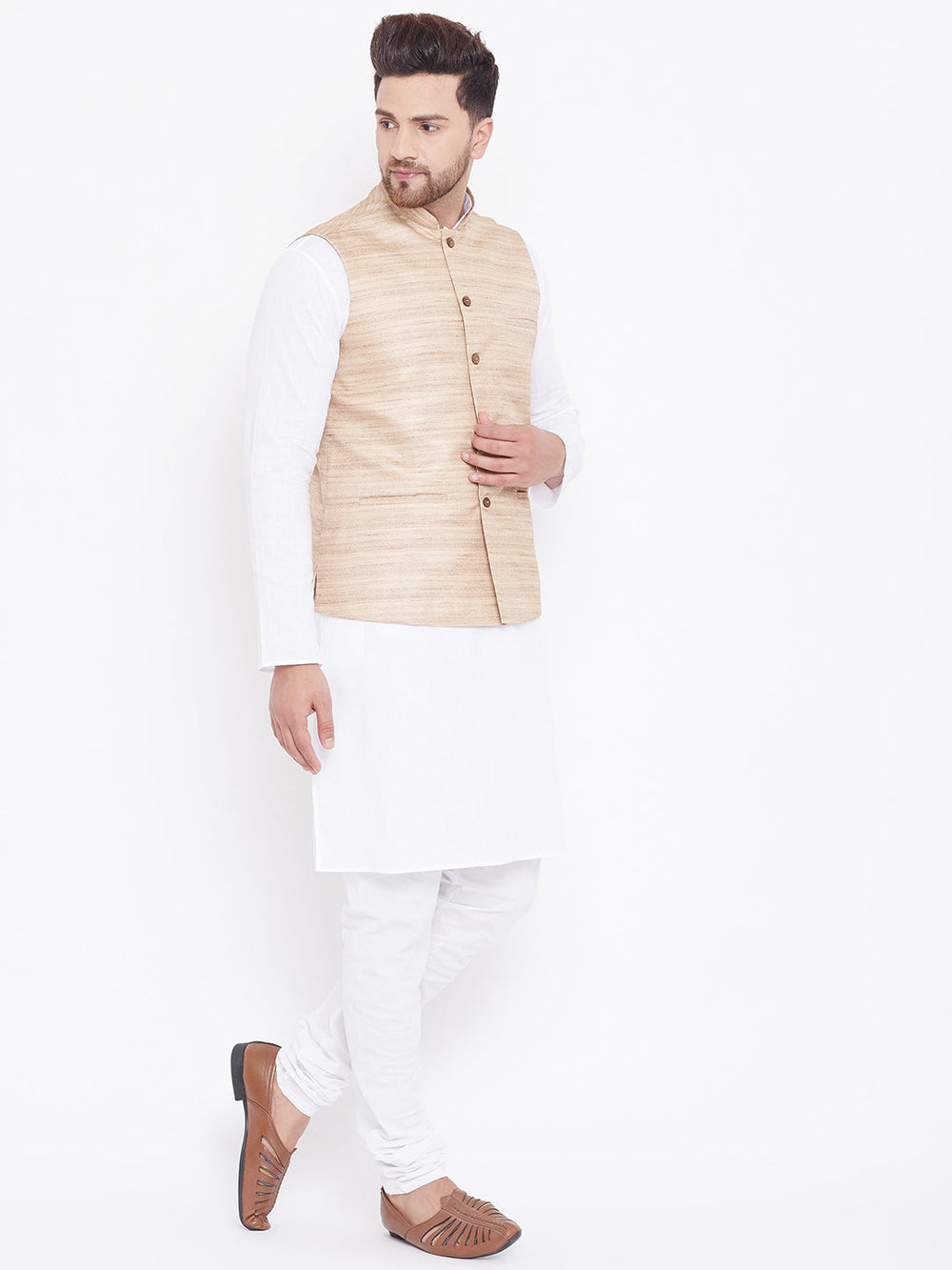 Sarvati Men's Beige And White Cotton Blend Jacket, Kurta and Pyjama Set