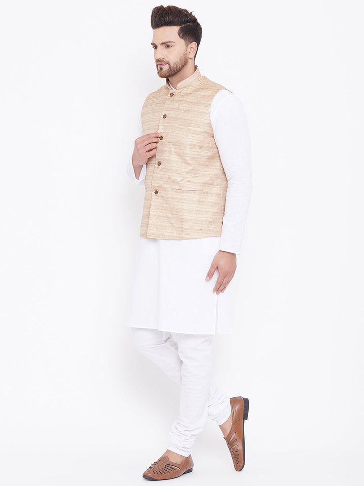 Sarvati Men's Beige And White Cotton Blend Jacket, Kurta and Pyjama Set