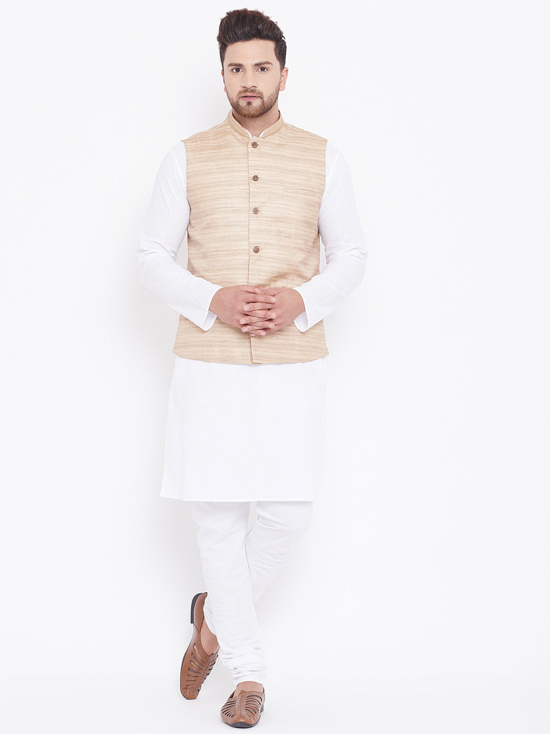 Sarvati Men's Beige And White Cotton Blend Jacket, Kurta and Pyjama Set