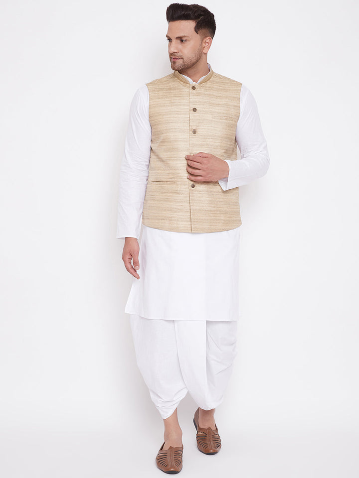 Sarvati Men's Beige And White Cotton Blend Jacket, Kurta and Dhoti Set