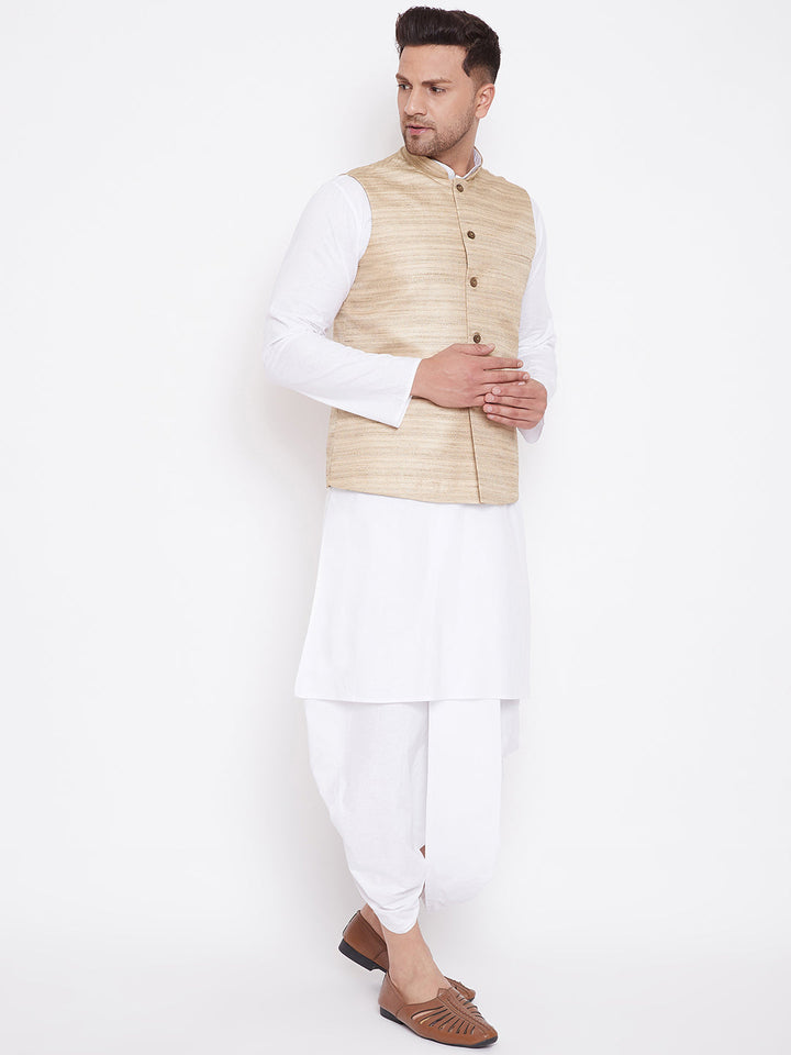 Sarvati Men's Beige And White Cotton Blend Jacket, Kurta and Dhoti Set