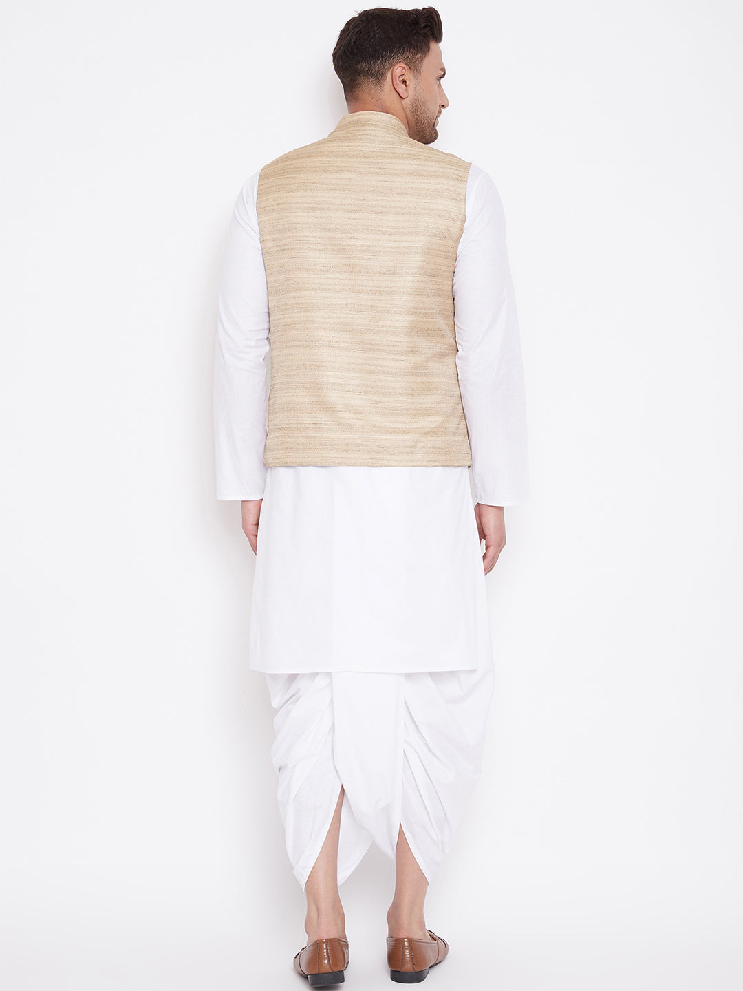 Sarvati Men's Beige And White Cotton Blend Jacket, Kurta and Dhoti Set