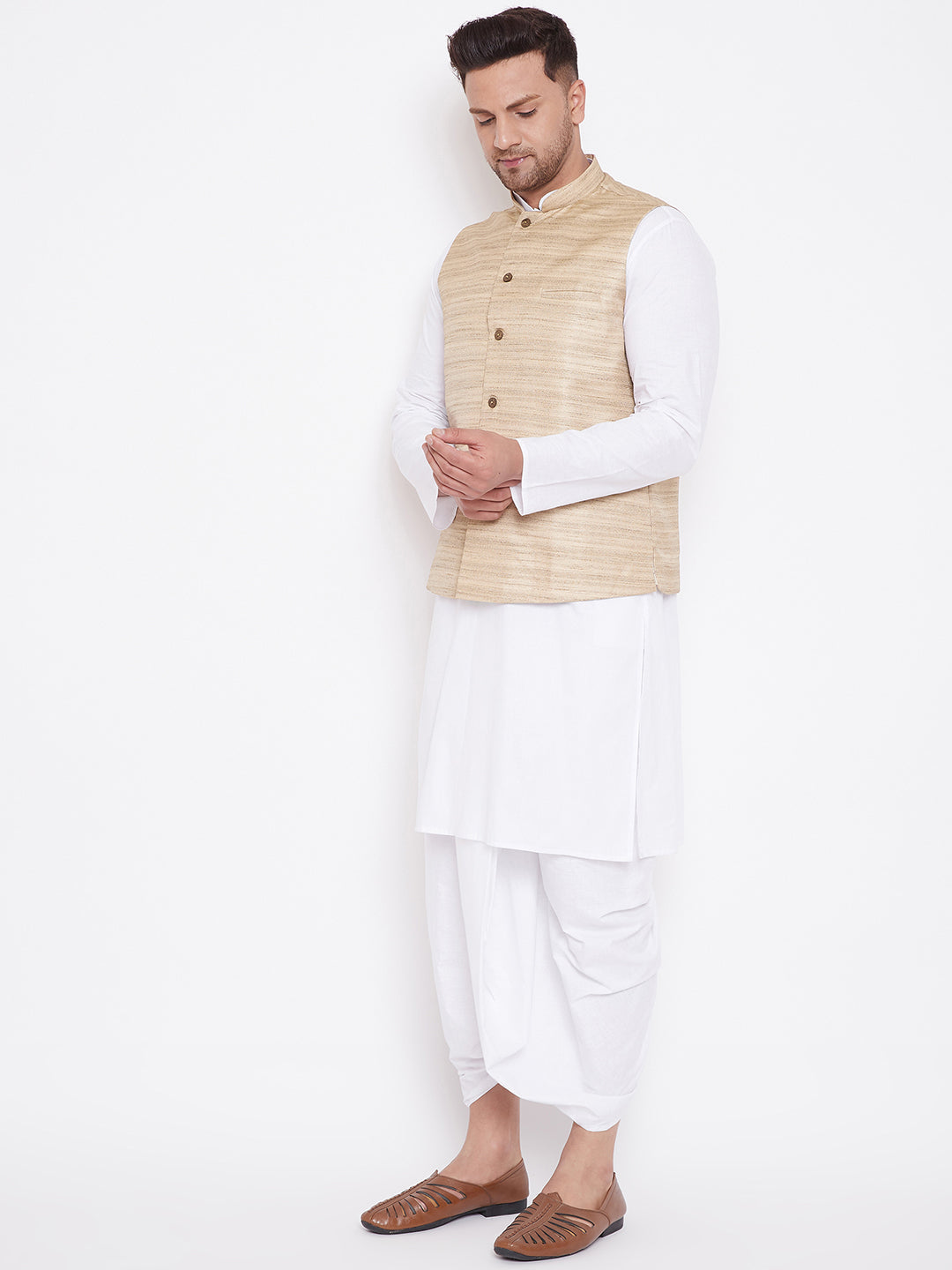 Sarvati Men's Beige And White Cotton Blend Jacket, Kurta and Dhoti Set