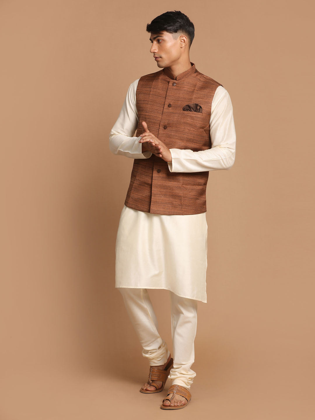 Sarvati Men's Coffee Brown Nehru Jacket With Cream Solid Kurta And Pyjama Set