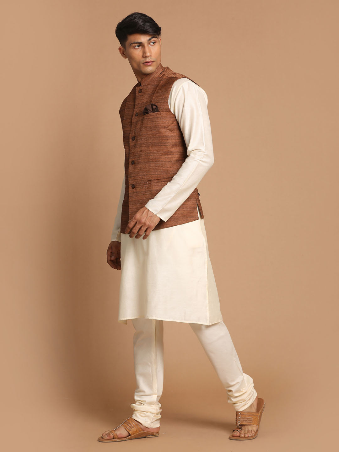 Sarvati Men's Coffee Brown Nehru Jacket With Cream Solid Kurta And Pyjama Set